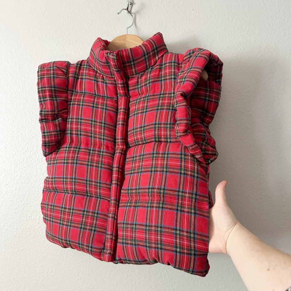 Plaid Red Puffer Vest with Ruffle Shoulders - Picture 2 of 9
